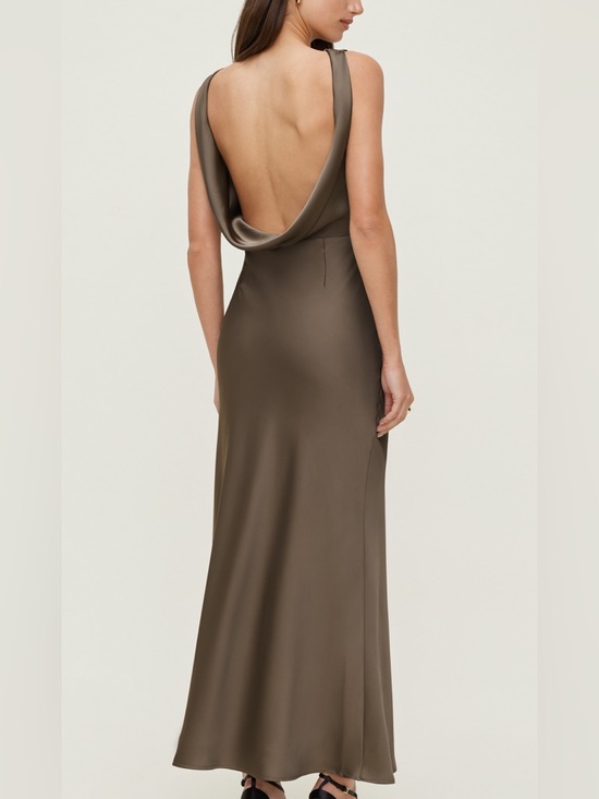 Dynamite Dresses & Skirts - Sleek Backless Satin Maxi Dress in Dark Olive/Khaki